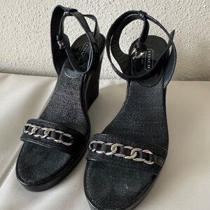 Coach Black Wedge Sandals with Chain Detail